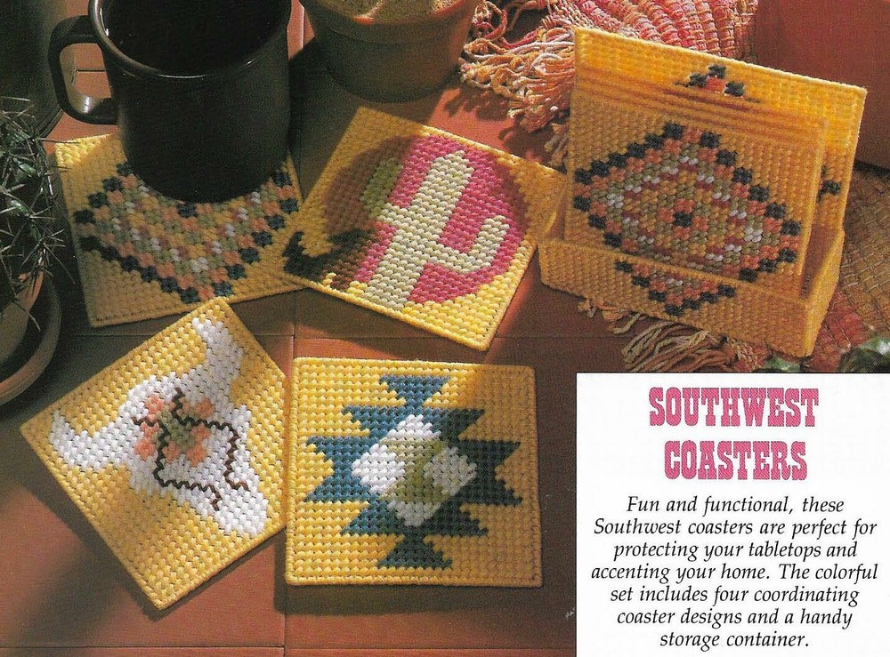 SOUTHWEST COASTERS & HOLDER HOME DECOR PLASTIC CANVAS PATTERN INSTRUCTIONS