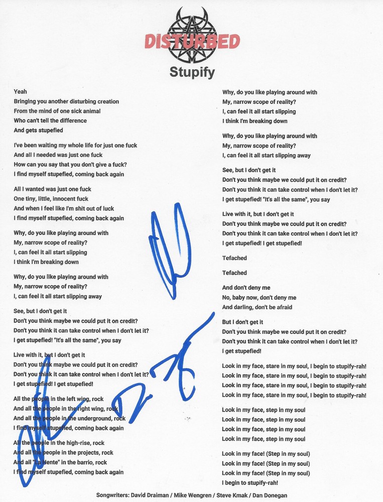 Disturbed Band Signed Stupify Lyrics Sheet COA Exact Proof Autographed