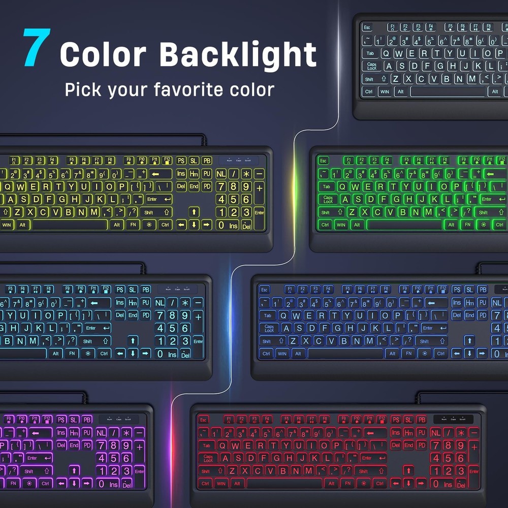 Large Print Backlit Computer Keyboards, 7 Colors Backlight USB Keyboard, Plug...