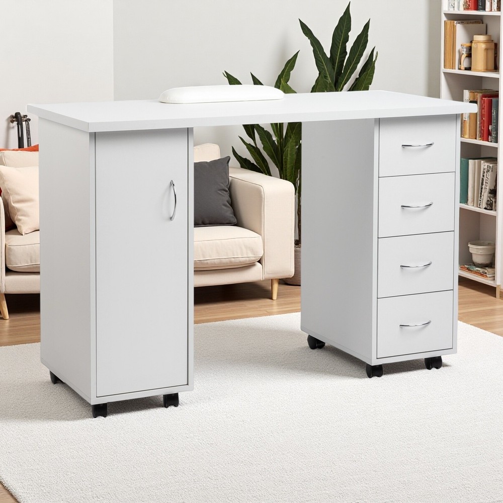Rolling Computer Desk - White, 4-Drawer, 2 Shelves Storage & MDF ​Nail Table​