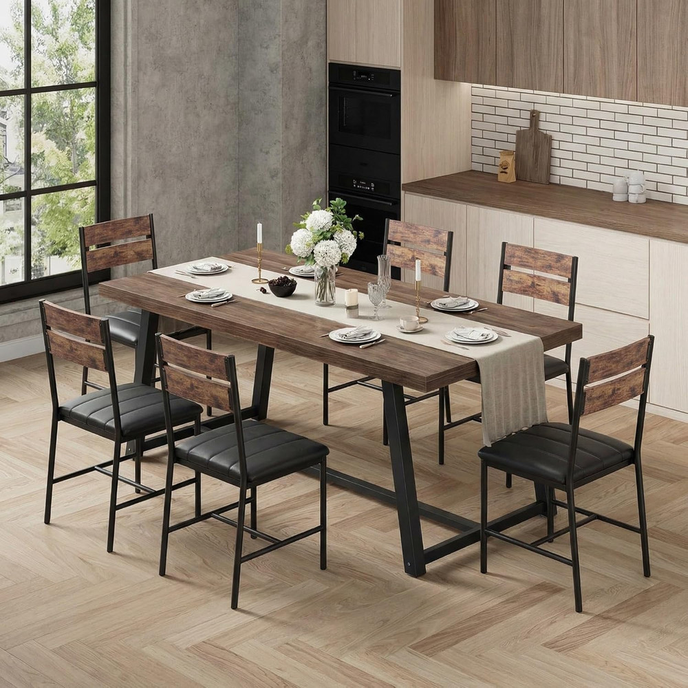 7-Piece Dining Table Set for 6, 71 Inch Rectangular Kitchen Table with 6 Upholst