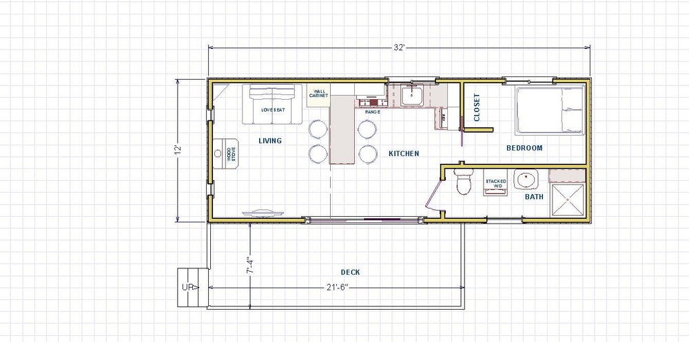 ADU/Tiny House Plans 384 square feet with outdoor deck.
