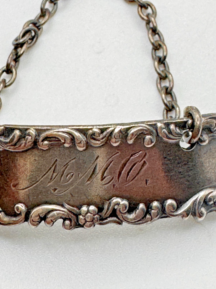 Antique Chatelaine Chain Victorian Sterling Silver Repousse Tag Monogrammed