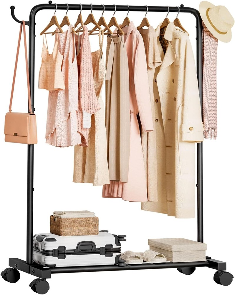 Adjustable Rolling Clothes Rack with Hooks - Heavy Duty Indoor Storage