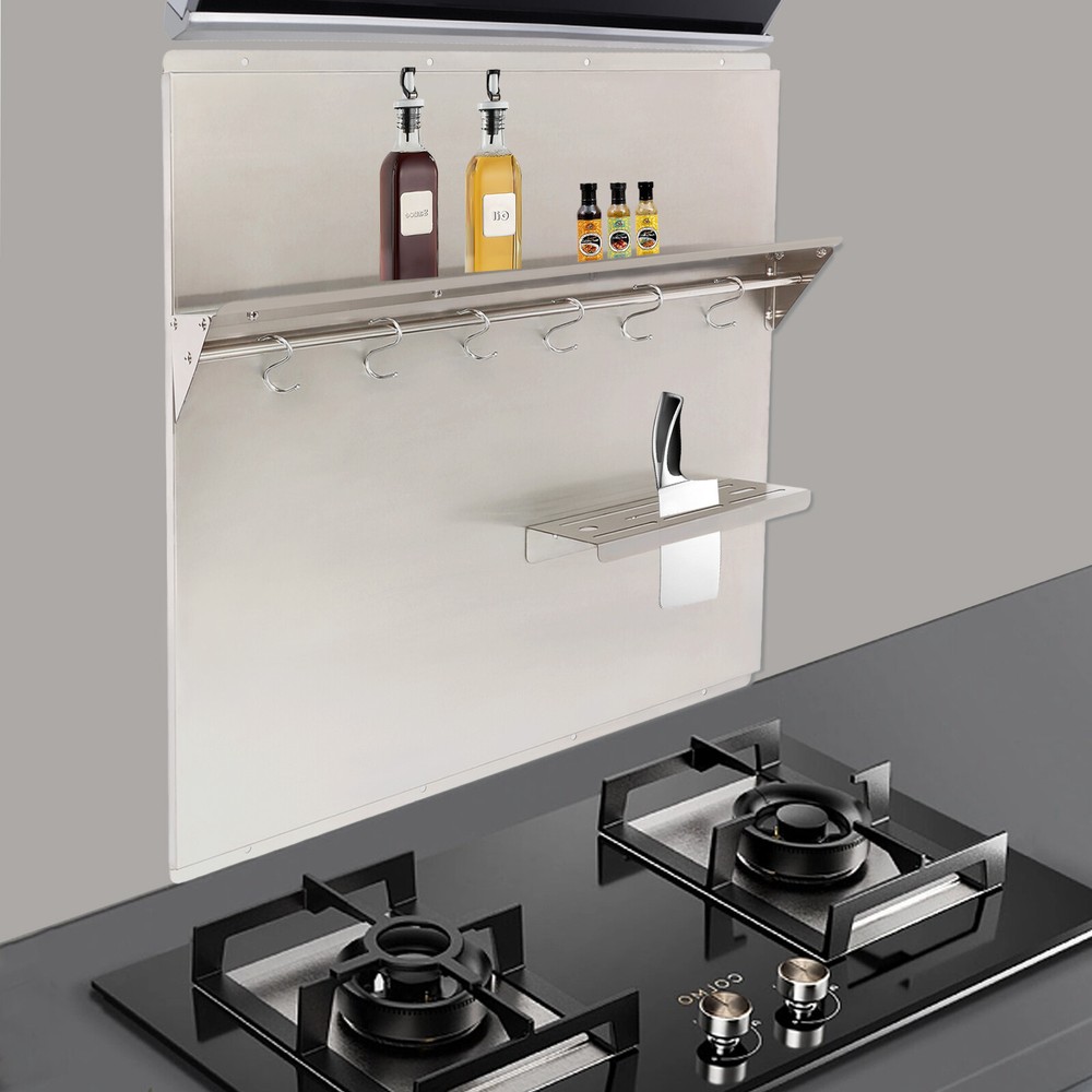 Backsplash with Shelf Stainless Steel Kitchen Range Hood Wall Tile Shield Silver