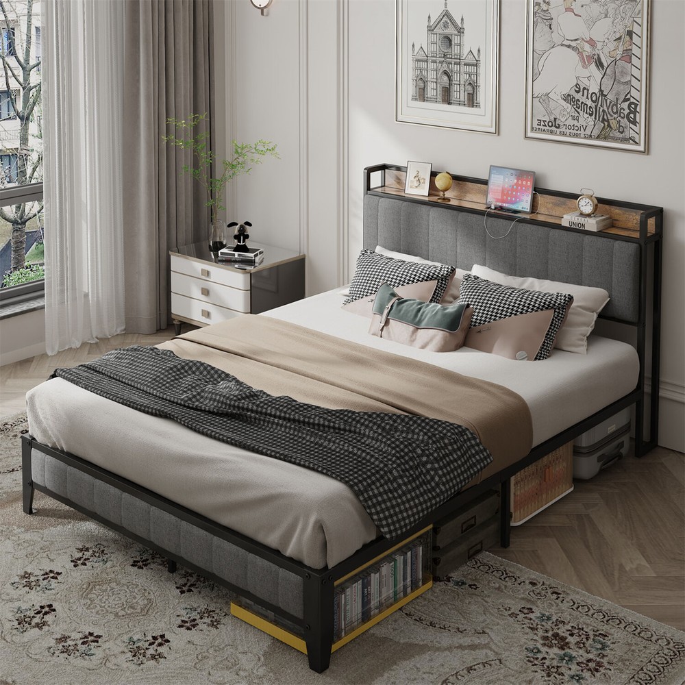 Full Size Bed Frame with Upholstered Headboard Metal Platform Bed w/ Outlet