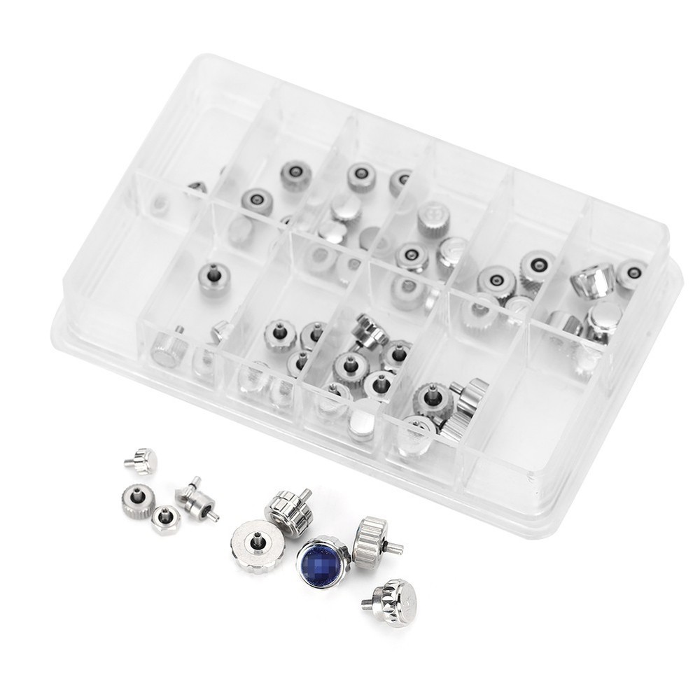 60Pcs 12-Pattern Stainless Steel Watch Crown Flat Head Assortment Replacement