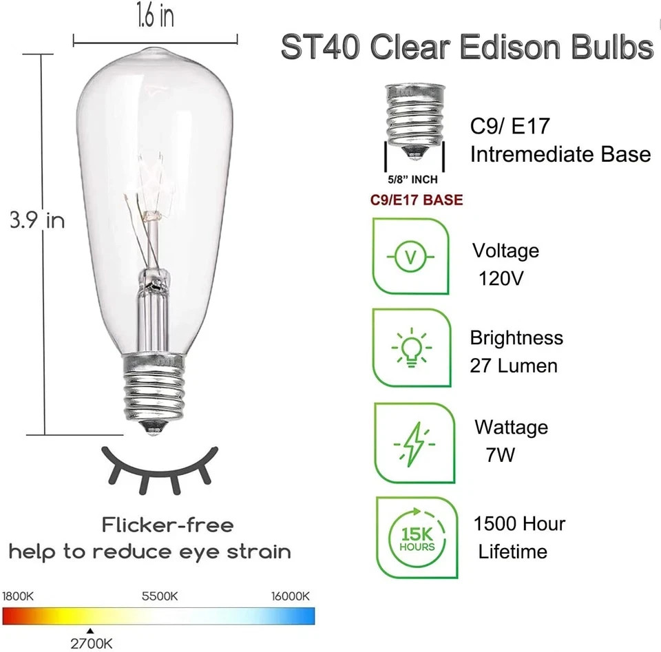 10 Pack Edison Replacement Light Bulbs for Outdoor String Lights, ST40 7W E17 Ba