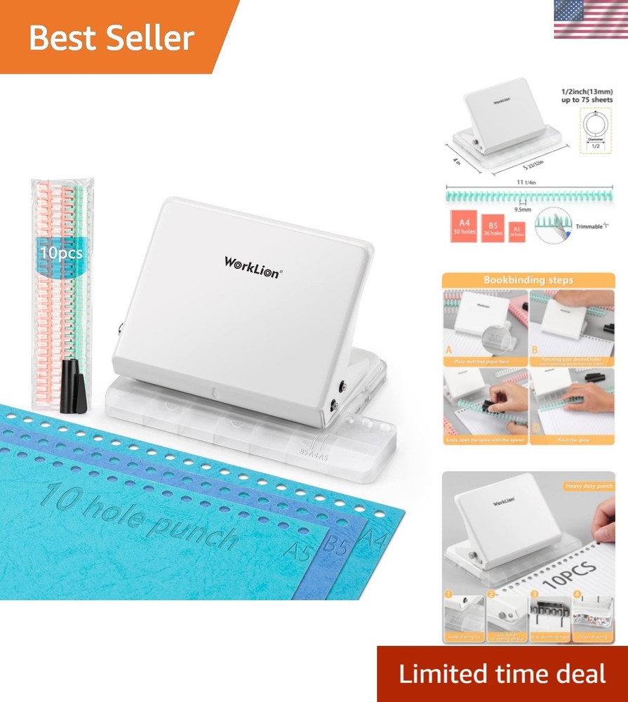 Versatile 10-Hole Punch Binding Machine with Multi-Color Loose Leaf Rings