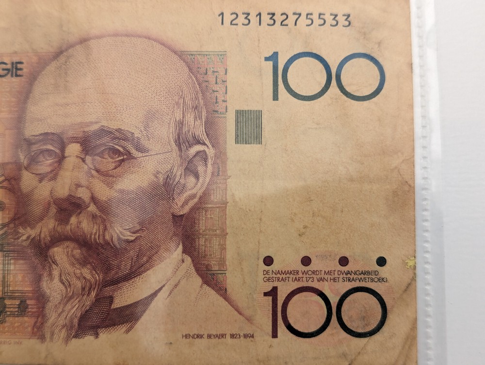 100 Francs Belgium Standard Banknote Year 1978-1994
