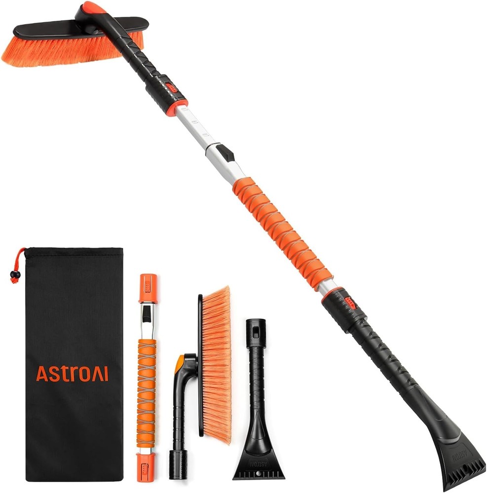 Multi-Function Ice Scraper and Snow Brush – 47.2” Adjustable Tool in Orange