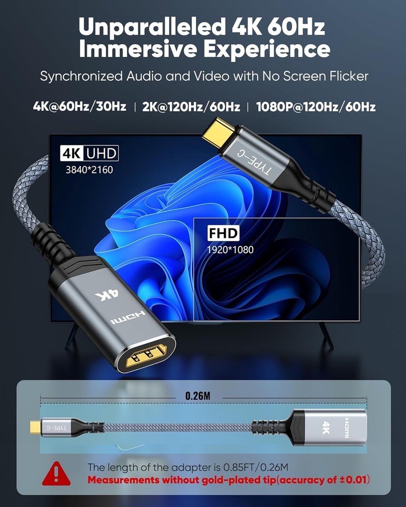 Highwings USB C to HDMI Adapter (4K@60Hz), Type C Cable Grey