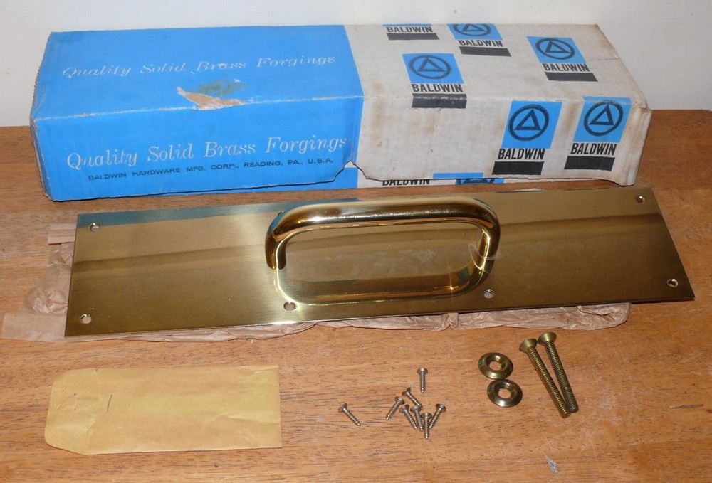 Vintage New open box Baldwin Brass 4" x 16" Solid Brass Pull Plate with hardware