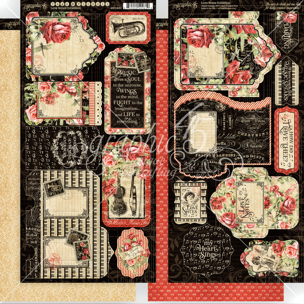 RETIRED Graphic45 LOVE NOTES TAGS & POCKETS DIE-CUTS scrapbooking
