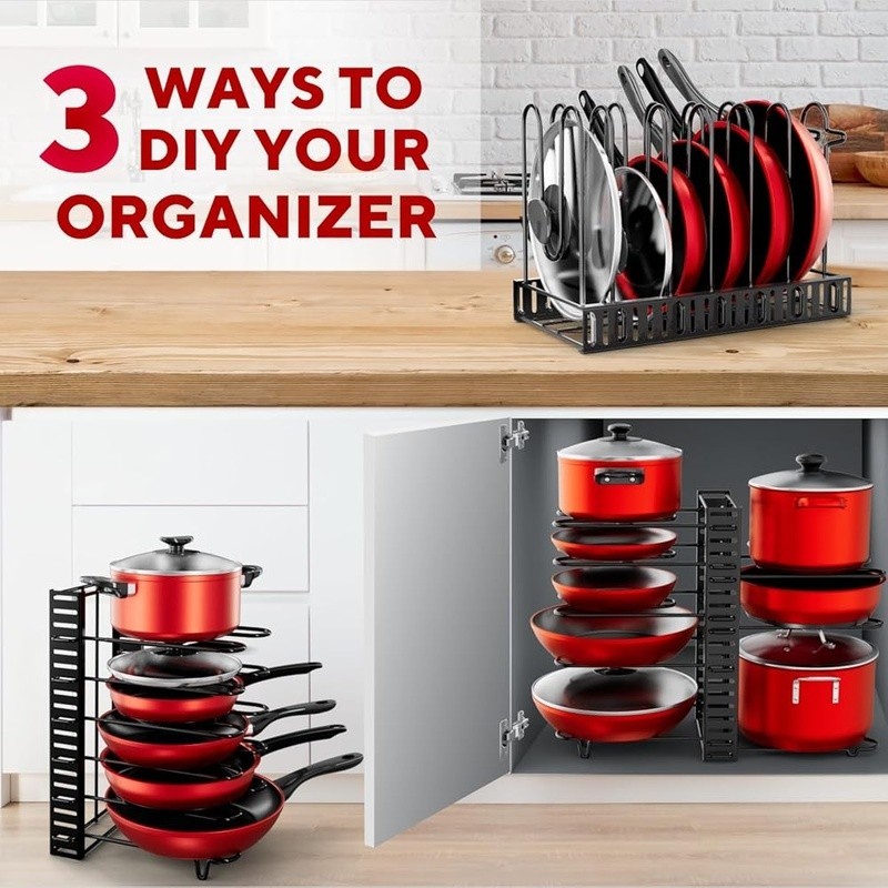 Pots & Pans Organizer Under Cabinet Adjustable Storage Easy Assembly Heavy Duty