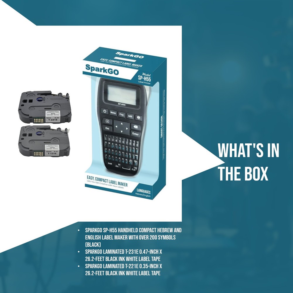 SparkGo SP H55 Handheld Compact Hebrew English Label Maker Bundle (Black)