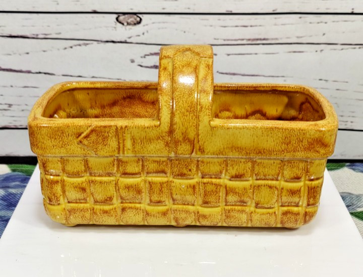 Vintage Golden Brown Painted Ceramic Rectangular Basket Shaped Planter