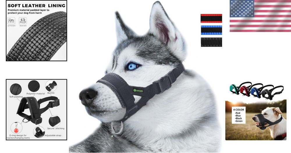 Nylon Dog Muzzle - Adjustable & Comfortable for Large Breeds, Black Design