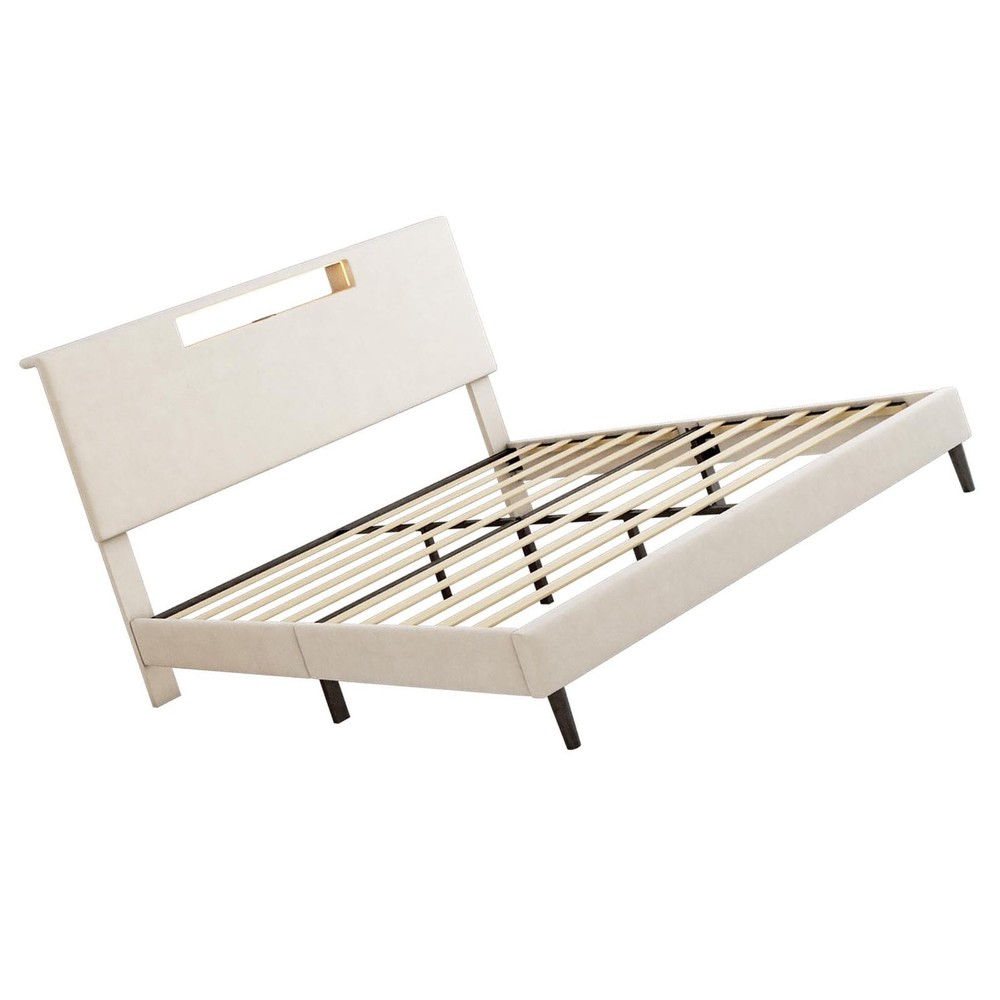 Upholstered Platform Bed Large Size Frame With LED Light And Charging Function