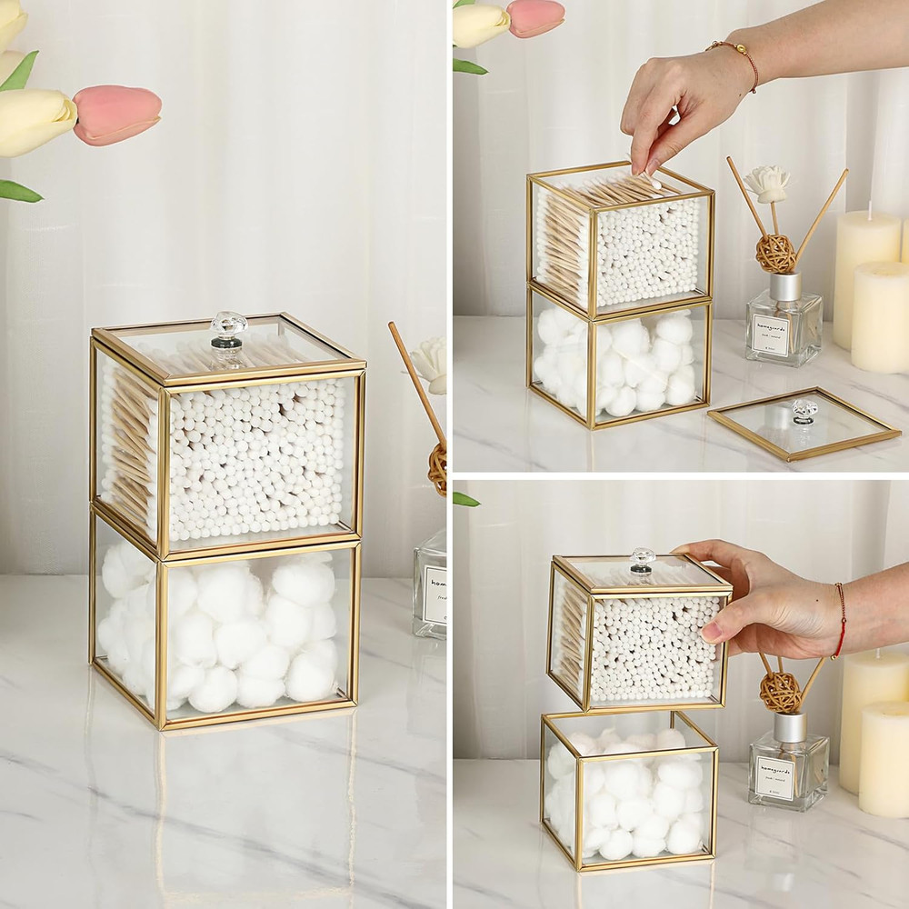 Glass Qtip Holder Dispenser with Lid 2-Tier Stackable Bathroom Containers Cotton