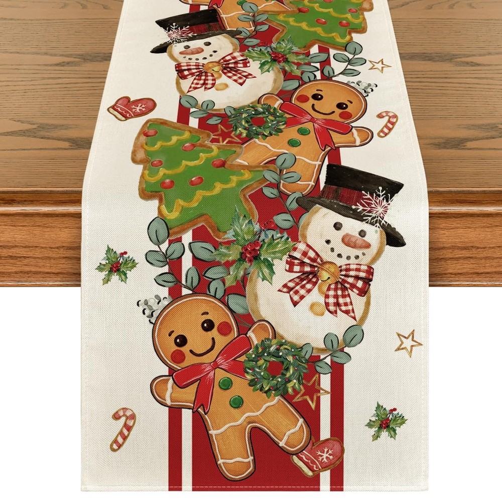 Christmas Decorations Gingerbread Snowman Tree Candy Table Runner Gift 13"x72"