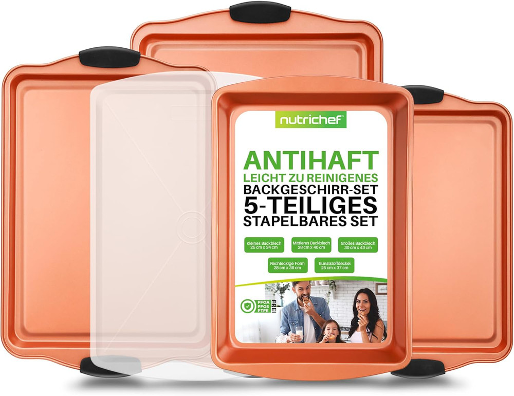 Stackable Baking Pans Set - 5-Piece Cookie Sheets & Roasting Pan with Lid