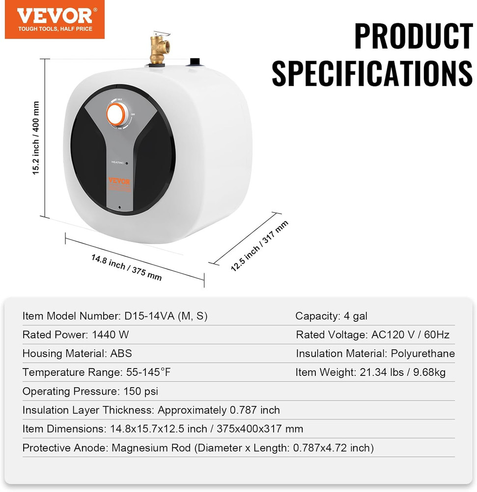 Electric Mini-Tank Water Heater 4-Gallon Tank, 1440W Hot Water Boiler Storage, S