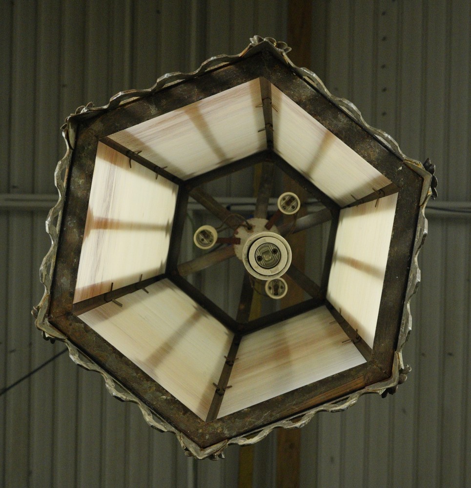 Antique Gothic Cast Iron & Stained Glass Pendant Light