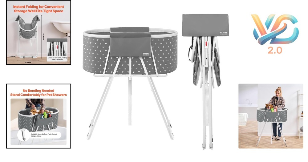Foldable Pet Bath Tub for Small & Medium Dogs Cats Space-Saving Grey