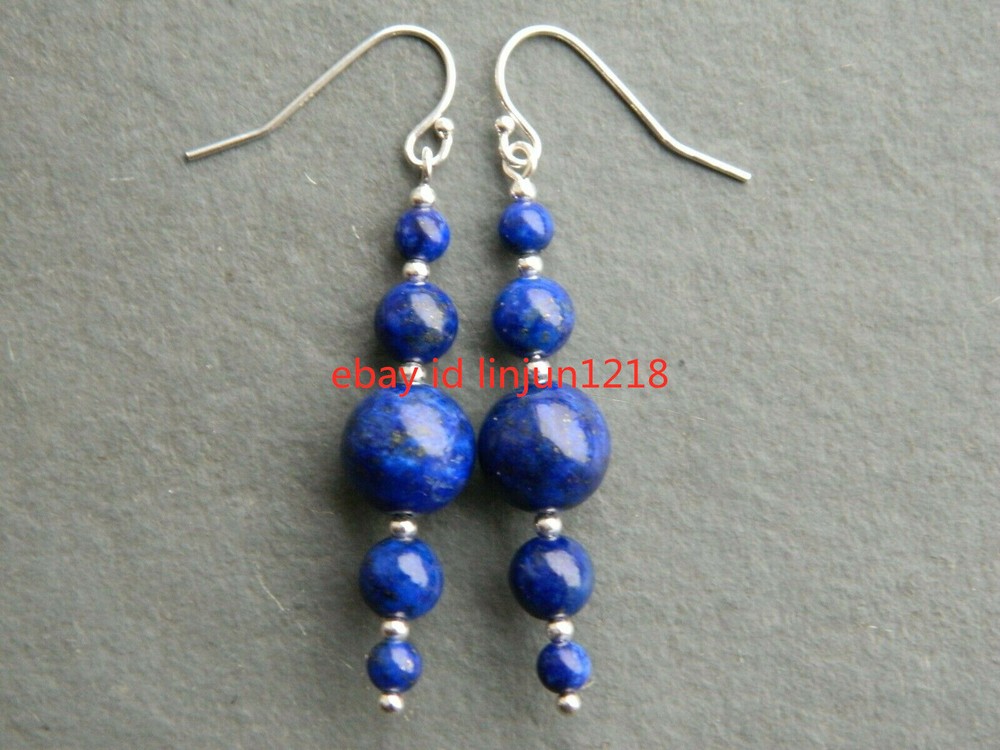 6MM-12MM Blue Lapis Lazuli Graduating Gemstone 925 Silver Drop Earrings