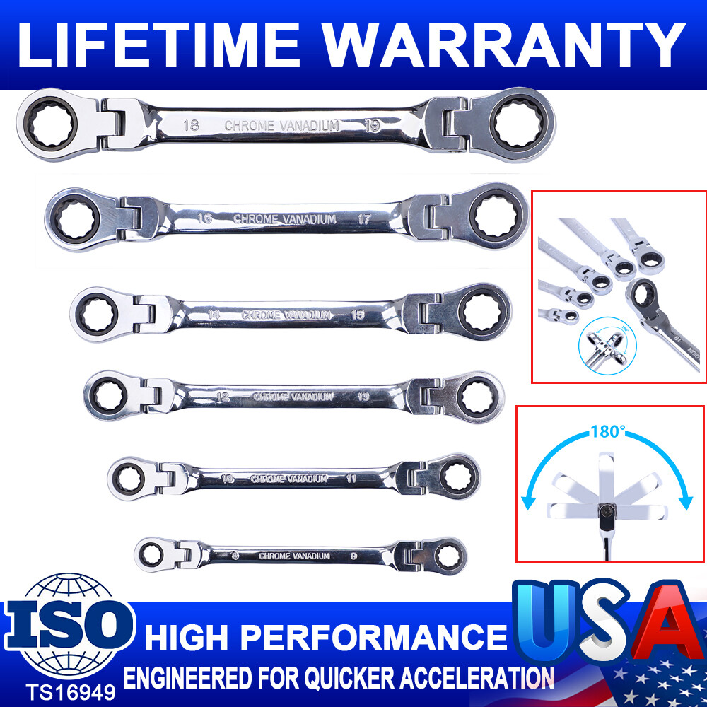 6 Extra Long Ratcheting Wrenches Spanner Set Double Box End Flex-Head SAE Metric