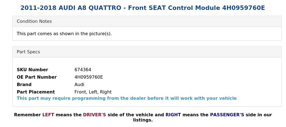 2011-2018 AUDI A8 QUATTRO - Front SEAT Control Module 4H0959760E