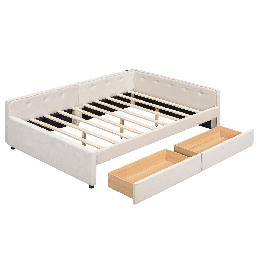 Full Size Daybed Upholstered Bed Frame Sofa Bed w/ USB Ports & 2 Drawer