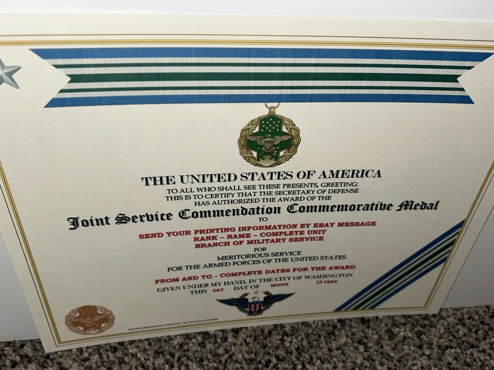 JOINT SERVICE COMMENDATION COMMEMORATIVE MEDAL CERTIFICATE ~ W/PRINTING T-1