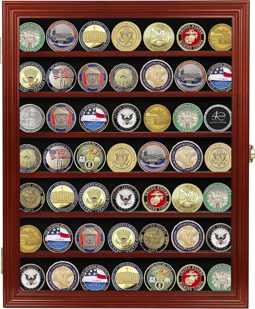 Premium Lockable Challenge Coin Display Case - Mahogany Finish, Wall Mountable