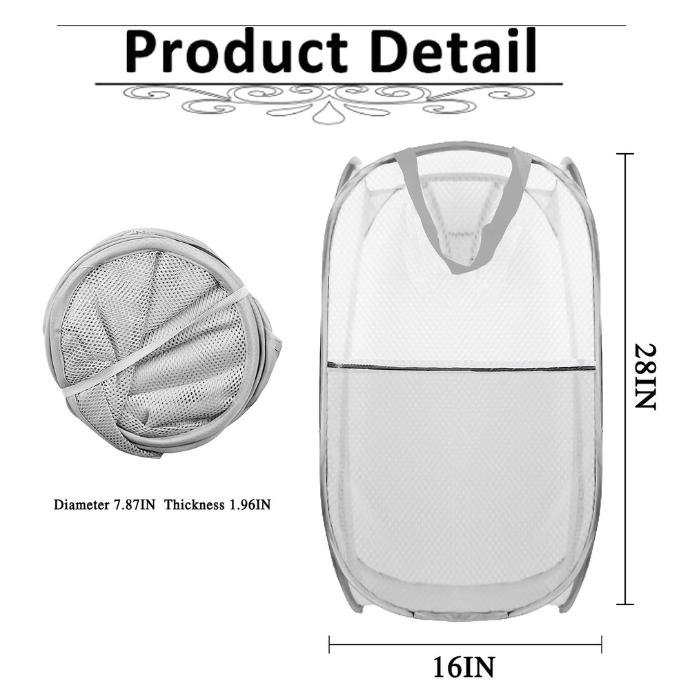 Collapsible Pop Up Laundry Hamper Extra Large Mesh Foldable 28x16x16 Inch Grey