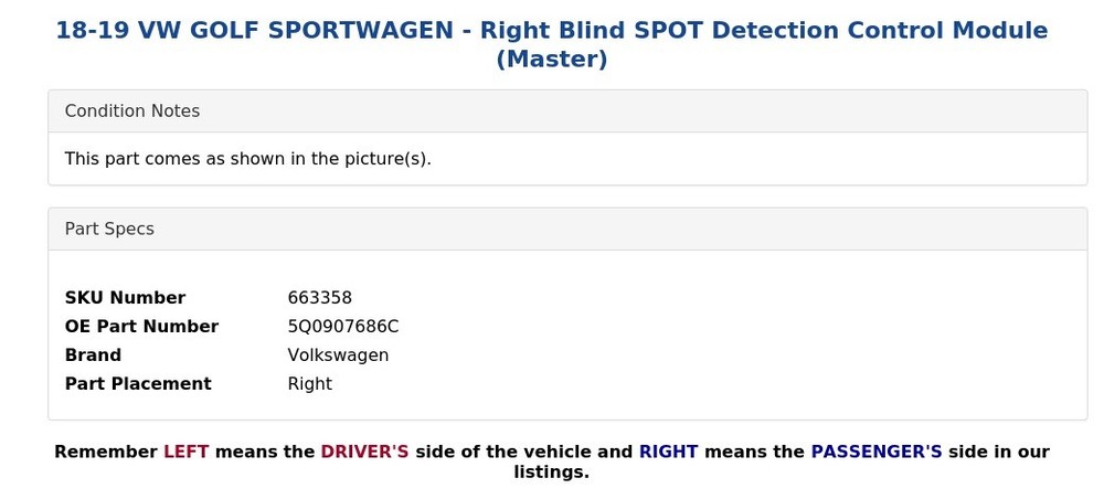 18-19 VW GOLF SPORTWAGEN - Right Blind SPOT Detection Control Module (Master)
