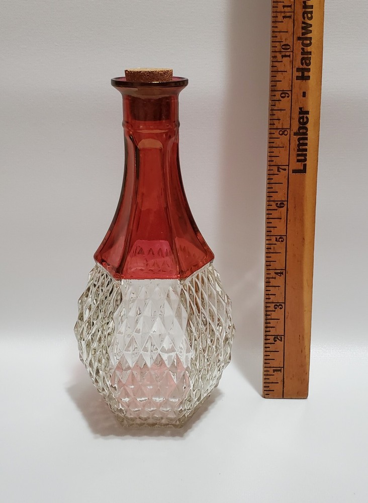 Vintage Indiana Glass, Ruby Flashed Diamond Point Clear Decanter, Cork Stopper