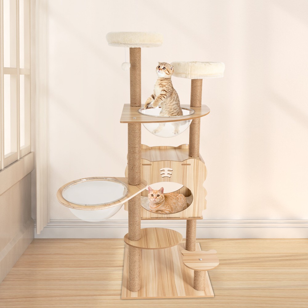 Cat Tree Tower Tall Scratching Post Activity Centre with Den Beige Large 137cm