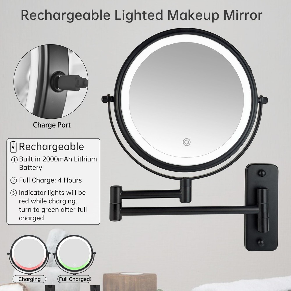 8 Wall Mounted Lighted Makeup Mirror, Rechargeable 1X/10X Magnification, 3