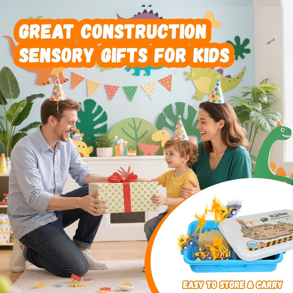Construction Sensory Bin with Lid, 2.64lbs Magic Sand, Construction Trucks, T...