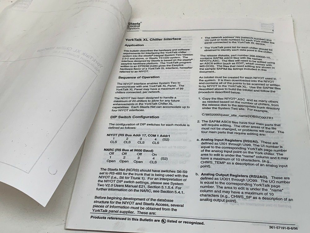 Staefa Control System YorkTalk XL Chiller Interface Application Bulletin Manual