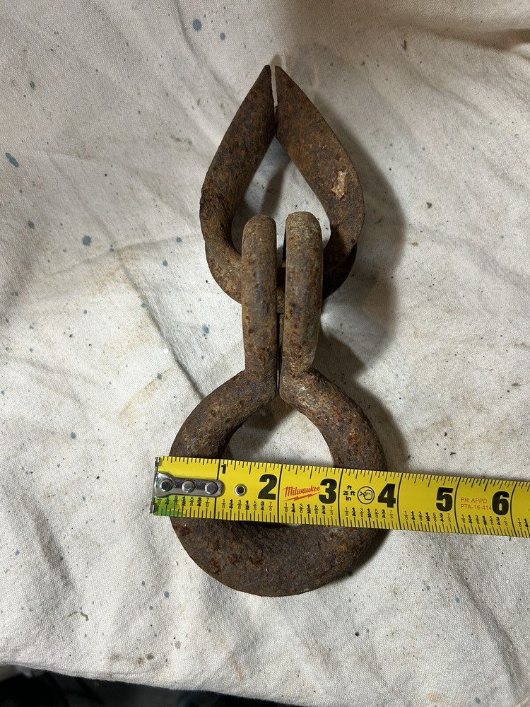 Antique Steel Iron Grapple Hook Double Ring Farm Tool Crane Loop 10x4" Hanger