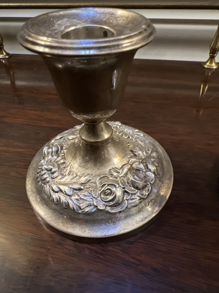 Stieff Sterling Silver Hand Chased Rose Candlesticks #158