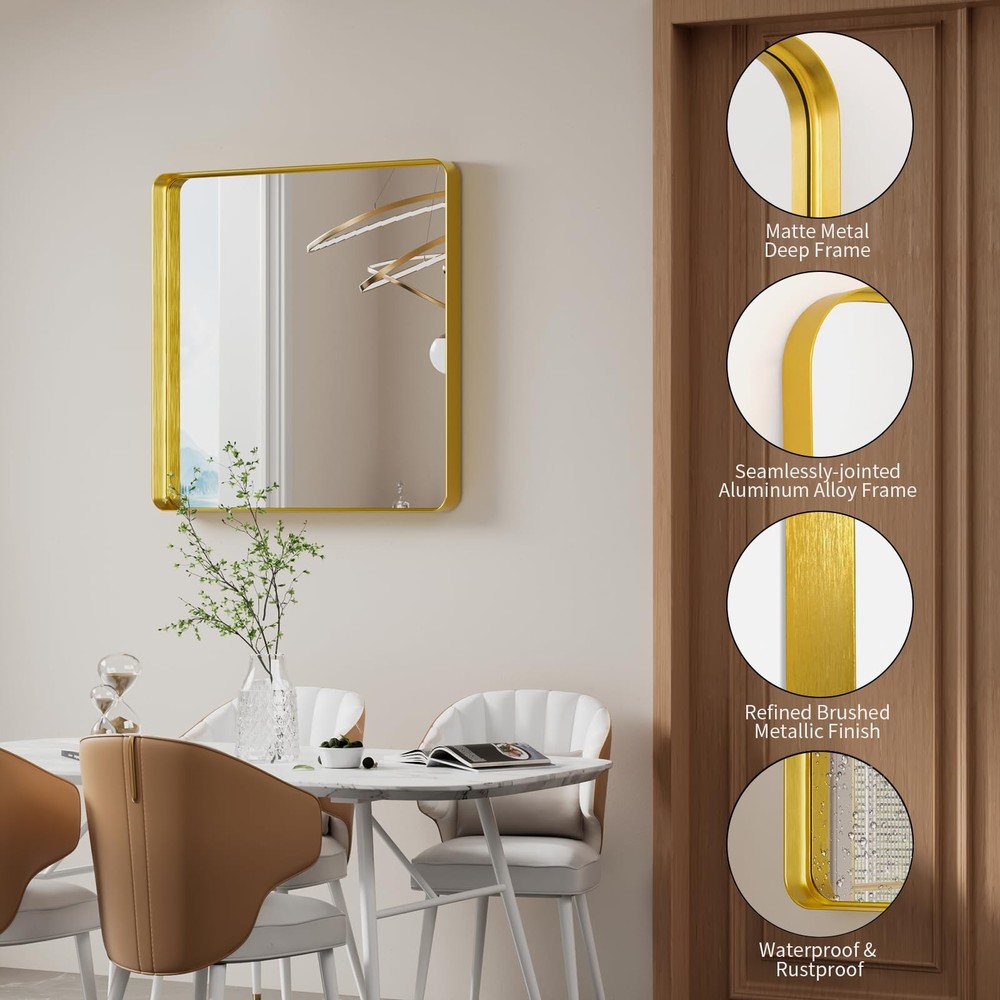 Gold Wall Mirror for Bathroom, 30x30 Inch Matte Deep Framed Rounded Rectangle...