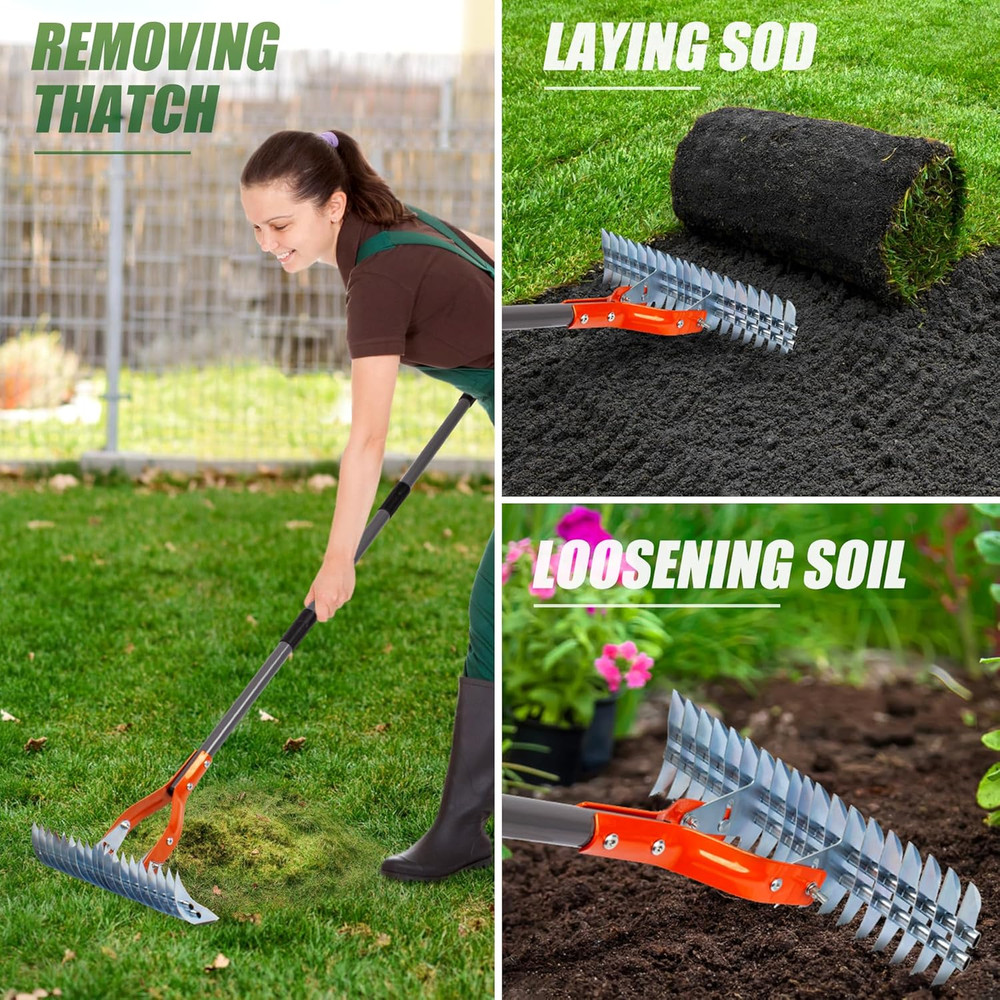 Thatch Rake, 15-Inch Lawn Thatching Rake, Robust Dethatcher Rake, Efficient Stee