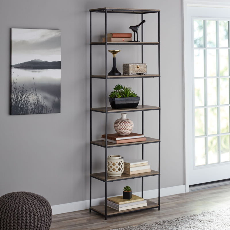 DISPLAY SHELF Bookcase 6-Shelf Metal Frame Brown/White