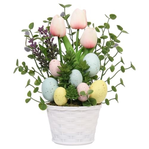 Easter Decorations, Artificial Easter Egg Tulip Flower Potted Table Pink