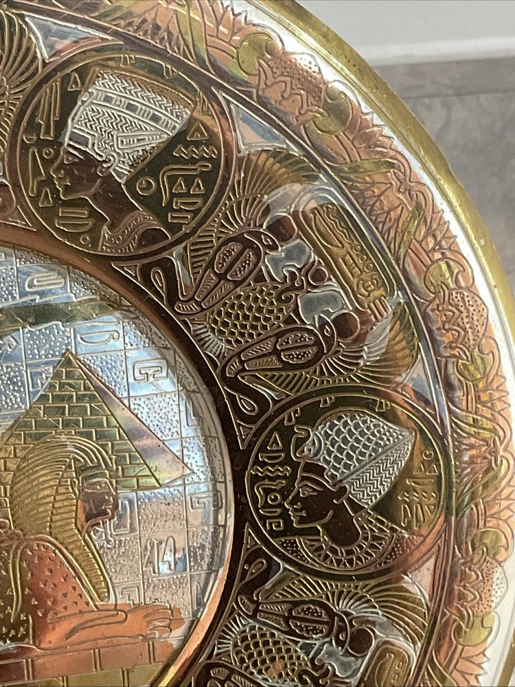 Egyptian Brass Wall Decor Plate - Sphinx & pyramids Handmade - 7”