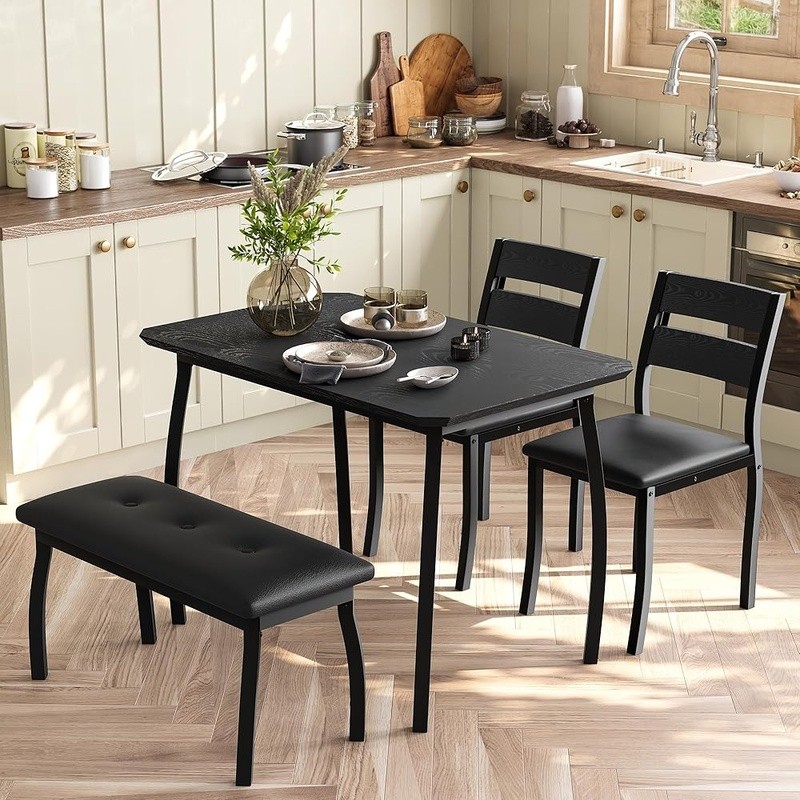 Compact 4-Piece Rustic Dining Set PU Leather Chairs Space-Saving Table Kitchen